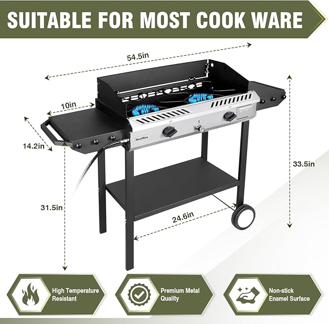 Bestfire 2 Burner Propane Stove Outdoor Camping Gas Stoves 150,000 BTU Auto Ignition with Regulator and Side Shelves Perfect for Patio Home Cooking and Frying