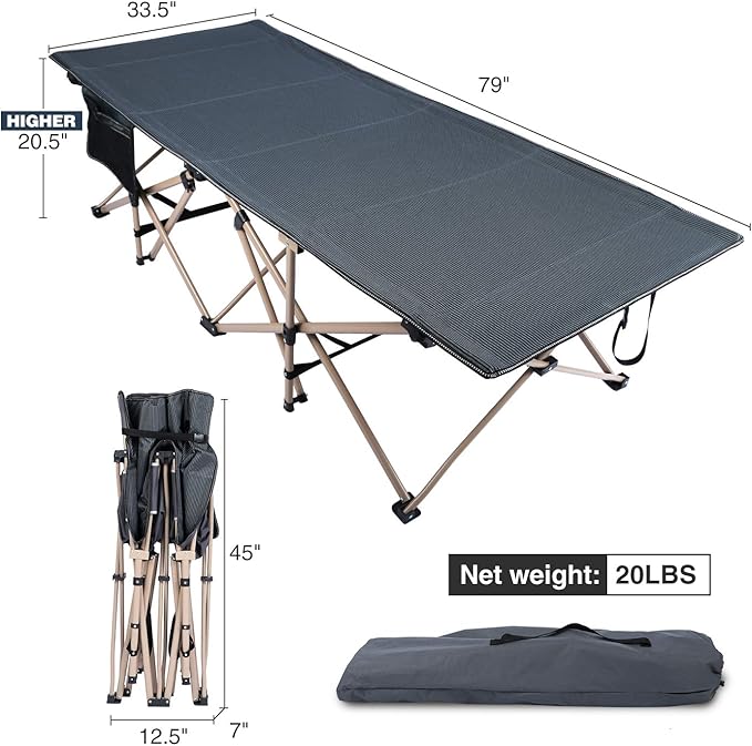 REDCAMP Oversized Camping Cots for Adults 500lbs, 33.5'' Extra Wide Tall Sleeping Cots Heavy Duty, XL Cots Portable for Outdoor Indoor Office, Dark Grey