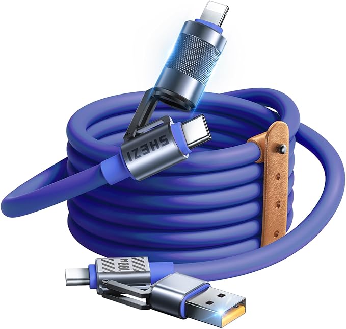 4 in 1 USB C Cable Lightning Cable,100W Fast Charging & Data Transfer,iPhone iPad Charger Cord with Lightning/Type C/USB A for iPhone 16/15/Macbook,IPad,5FT Blue [SHEZI Series]