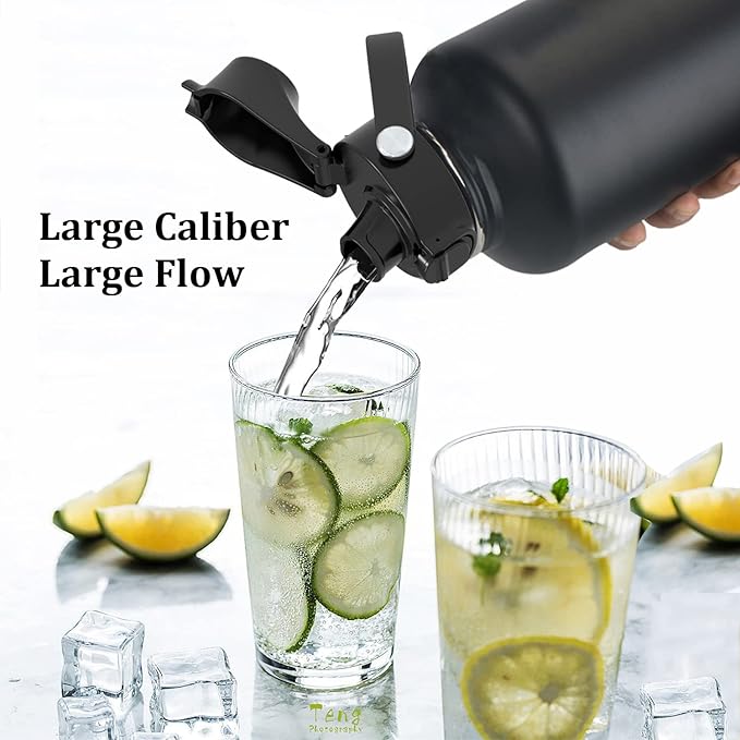 Water Bottle Insulated 32oz 40oz 64oz 128oz Straw Lid Spout Lid & 3 Lids, Leak Proof, Vacuum Insulated,Stainless Steel Water Bottle Wide Mouth for Sports, Gym or Office