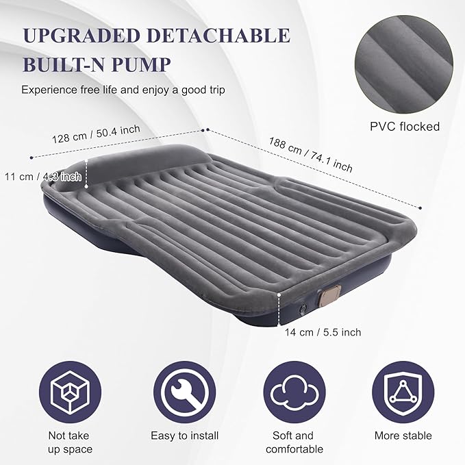 KMZ Inflatable Air Mattress with Built-in Electric Pump -Self Inflatable/Deflation Blow Up Mattress in 90 Seconds- Flocked Top Carbed with Carry Bag for Travel, Camping