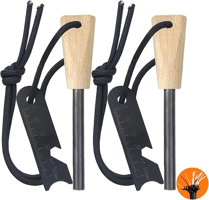 Fire Starter (2 Packs), All-Weather Magnesium Ferro Rod for Camping and Hiking, Emergency Survival Kits with Waxed Fire Tinder Paracord (28inch)&Beech/Pine Handle&&6-in-1 Multi-Tool