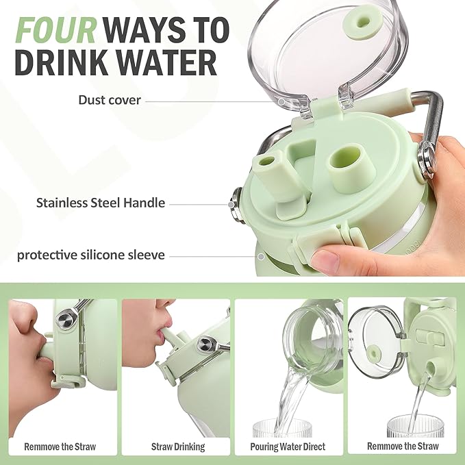 BLUEGO 84oz Water Bottle Glass with Stainless Steel Handle Large 2.5l Water Bottle with Time Markers and Silicone Sleeve Half Gallon Water Jug BPA Free for Gym Daily Use, Light Green