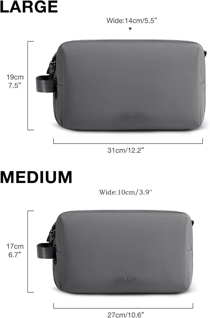 BAGSMART Toiletry Bag for Men, Travel Toiletry Organizer Dopp Kit Water-resistant Shaving Bag for Toiletries Accessories, Door Room Essentials,Grey-large