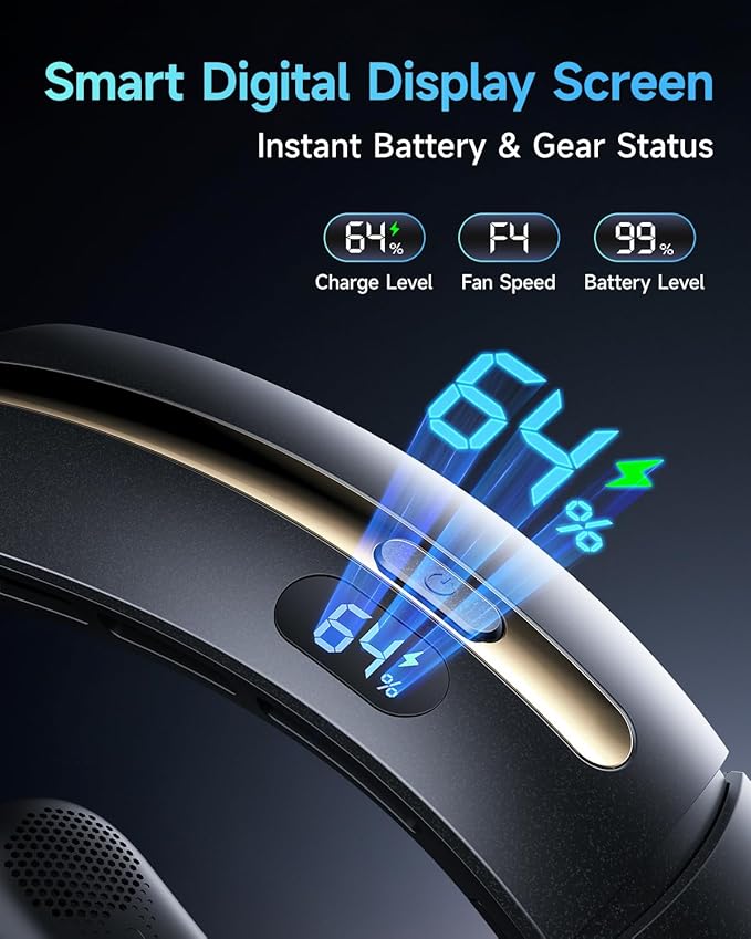 SWEETFULL Neck Fan, 3 Turbo Portable Fans with Neck Support, 4 Speed & LED Display, 5200mAh Rechargeable Personal Fan, Hand-Free Wearable Bladeless Cooler, Gift for Travel Birthday, Men, Women (Black)