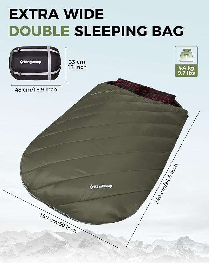 KingCamp Double Sleeping Bag for Adults, Queen Size 2 Person XXL Flannel Sleeping Bag, Waterproof Lightweight Flannel Quilt with 2 Pillows, Perfect for Couples Family Camping Hiking
