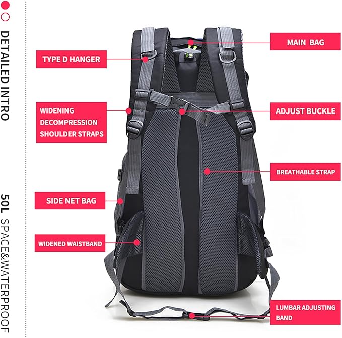 Bseash 50L Hiking Backpack, Water Resistant Lightweight Outdoor Sport Daypack Travel Bag for Camping Climbing Skiing Cycling (Green - No Shoe Compartment)