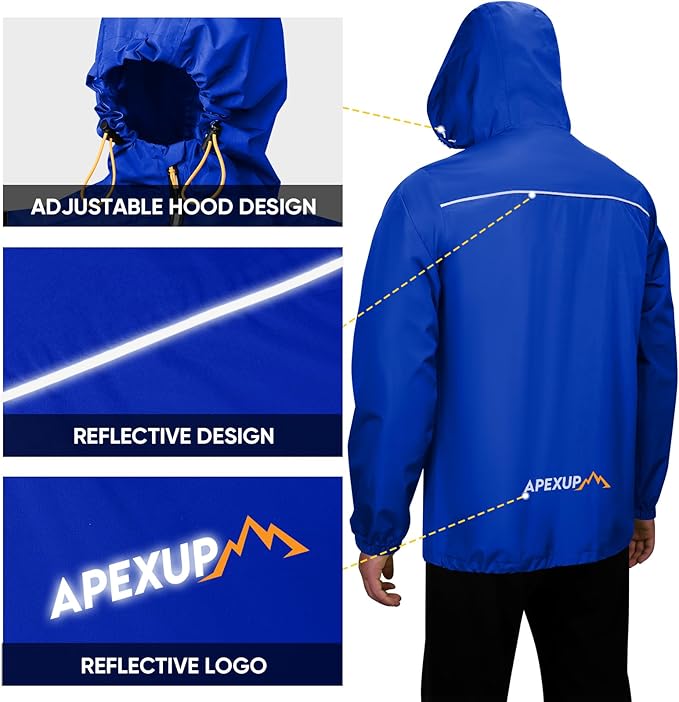 APEXUP Packable Rain Jacket Men with Reflective Zipper, Lightweight Waterproof Raincoat, Mens Rain Jacket for Outdoor Sports