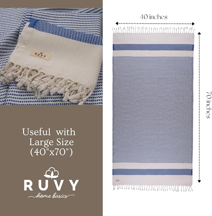 Ruvy Home Basics 2 Pack Turkish Beach Towels – Oversized Quick-Dry Bath Towels (40 x 72 Inches) – 100% Cotton Large Towels for Pool, Yoga, Travel, Camping Essentials, and Bathroom Decor - Navy