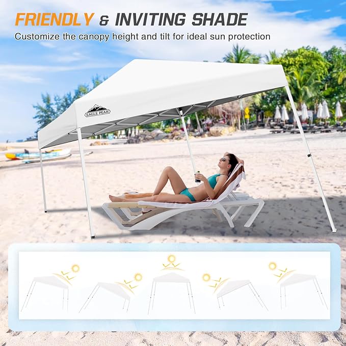 EAGLE PEAK 10x10 Slant Leg Pop-up Canopy Tent Easy One Person Setup Instant Outdoor Beach Canopy Folding Portable Sports Shelter 10x10 Base 8x8 Top (White)
