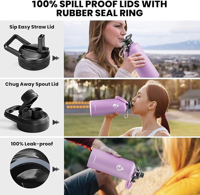 Insulated Water Bottle 87 oz, Triple Wall Vacuum Stainless Steel (Cold for 48 Hrs), Leak Proof & Non-BPA, Modern Water Flask Jug with Paracord Handle & Straw Spout Lids, Lilac