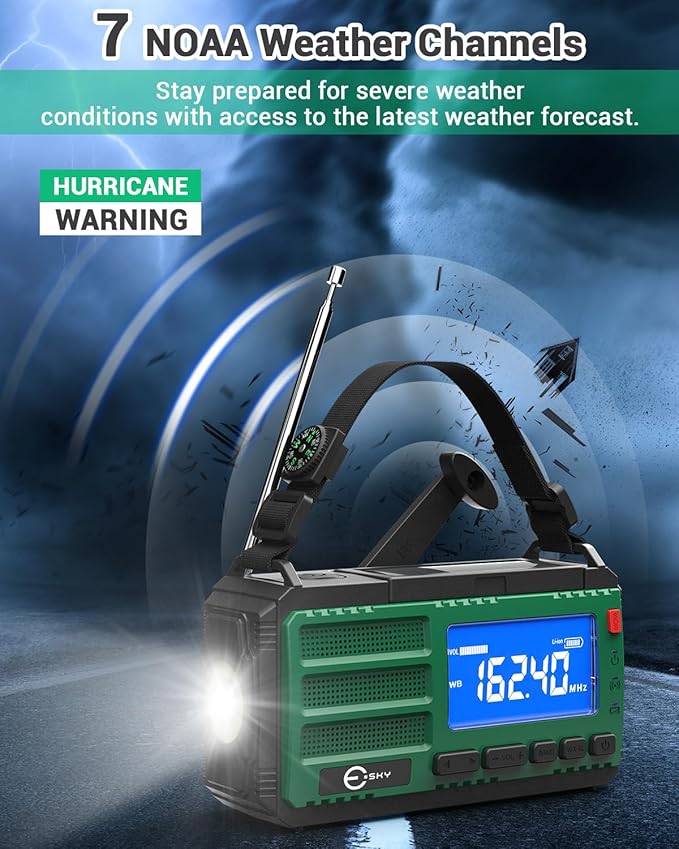 Esky 10000mAh/37000mWh Emergency Hand Crank Radio, AM/FM/NOAA Portable Rechargeable Weather Alert Radio with Flashlight, Compass Reading Lamp, Solar Powered for Outdoor Camping Survival Gear