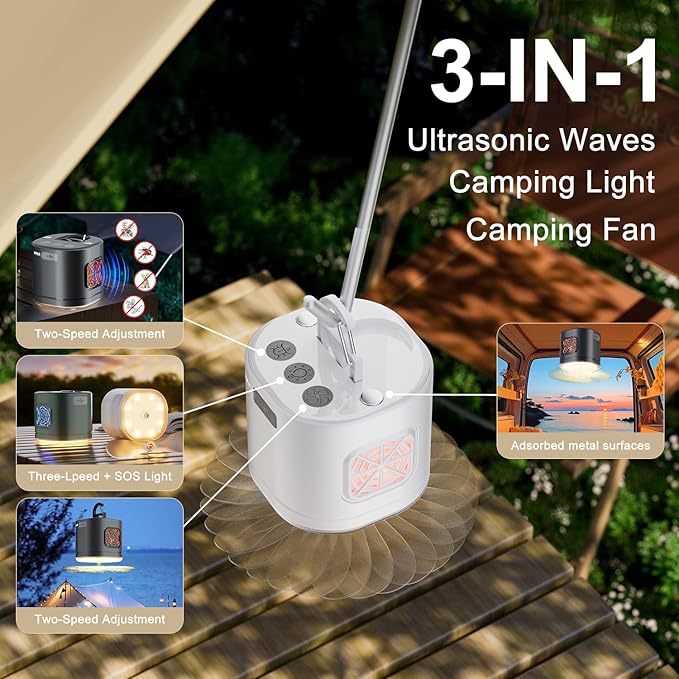 Portable Camping Light Camping Fan & Ultrasonic 3-in-1 Tent Lights USB Rechargeable 1200mAh Battery Outdoor LED Light & SOS Light ,with Hook Magnet Suitable for Indoor Outdoor Hiking (Orange)