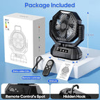 Portable Fan Rechargeable, 20000mAh Battery Powered Fan, LED Light, Remote Controller, Dual-Motors, 90°/270° Swing, 1-3H Timer, Battery Operated fan For Travel Tent Camping Bedroom Office Beach