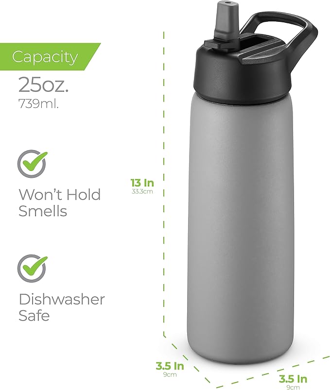 SipX™ Triple-Insulated Stainless Steel Water Bottle 25oz. With 3 Lids, BPA-Free Reusable Insulated Water Bottle Keeps Cold 24 Hours, Metal Water Bottle Made Of Sustainable Material For Hiking & Biking