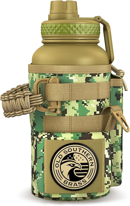 Combat Canteen - 32oz Insulated Water Bottle with Paracord Handle, Stainless Steel Water Jug with Rugged Pockets for Keys, Wallet & Phone - Green Digital Camo