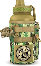 Combat Canteen - 32oz Insulated Water Bottle with Paracord Handle, Stainless Steel Water Jug with Rugged Pockets for Keys, Wallet & Phone - Green Digital Camo