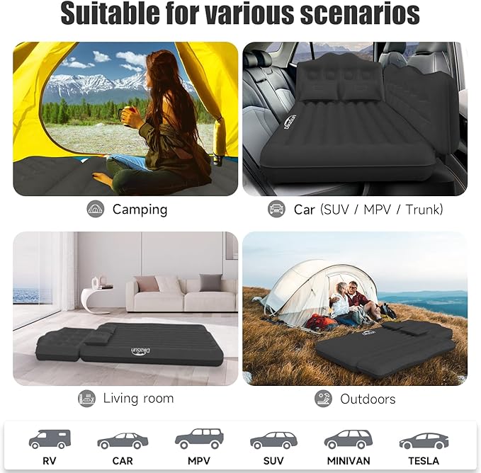 Car Air Mattress, Inflatable SUV Truck Camping Mattress for Back Seat, Thickened Travel Car Bed Sleeping Pad with Air Pump 2 Pillows