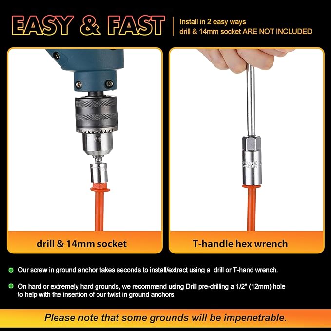 8 Pcs Ground Anchors Screw in, 12 Inch Heavy Duty Tent Stakes with Trampoline Anchor Hook Ground Stakes for Camping Tent Canopies Ports Sheds Swing Sets Securing Animals (Orange)