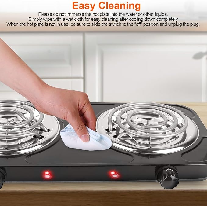 Hot Plate, 2000W Portable Electric Stove for Cooking with 5 Levels Adjustable Temperature & Dual Control, Countertop Double Coil Burner Cast Iron Cooktop for All Cookwares Home Camp RV, Black