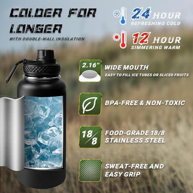 32 oz Insulated Water Bottle Stainless Steel with Sleeve - Military Metal Water Jug, For Gym Workout Hiking, Camo Black Water Bottle Pouch