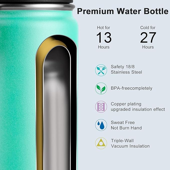 koodee Water Bottle for School-16 oz Stainless Steel Triple Wall Vacuum Insulated Water Bottle for Girls, Wide Mouth Bottle with Leakproof Spout Lid (Teal)