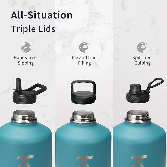 Trebo 1 Gallon(128oz) Water Bottle Insulated with Paracord Handle and Straw,Vacuum Double Wall Stainless Steel Large Jug Keep Cold 48 Hours, Leakproof & BPA Free for Men Gym/Hiking/Camping, Cyan Blue