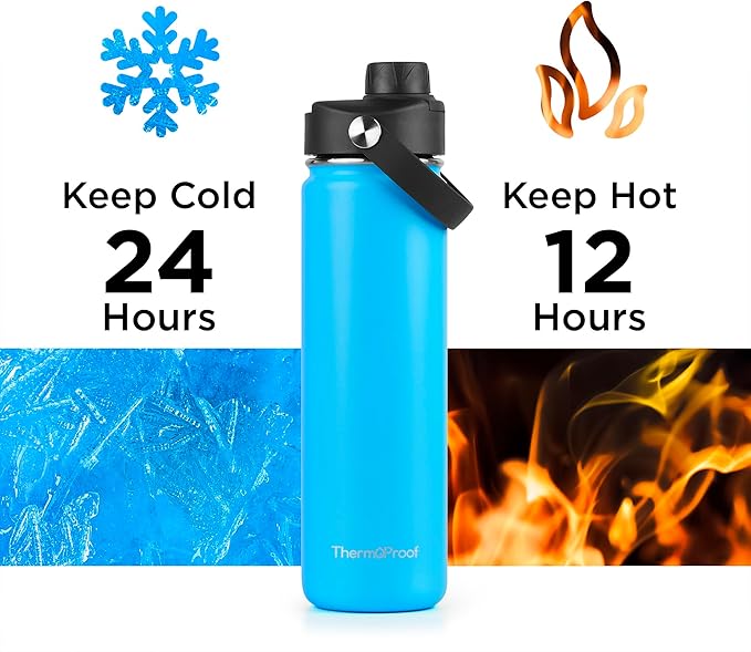 ThermoProof Double-Walled Vacuum Insulated Stainless Steel Water Bottle - Wide Mouth with Chug & Spout Lids, Dishwasher Safe, Reusable, Leakproof, Hot & Cold for Men, Women & Kids - 22oz, Light Blue