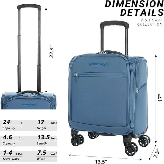 Verage Underseat Carry On Luggage with Wheels & USB Port,14 inch Coast Blue Wheeled Spinner Bag Carry-on Luggages for Airlines, Lightweight Suitcase Men Women, Pilots and Crew