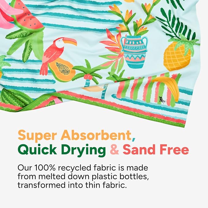 Dock & Bay Beach Towel - Quick Dry, Sand Free - Compact, Lightweight - 100% Recycled - Includes Bag - Tropicana Treat - Large (160x90cm, 63x35)