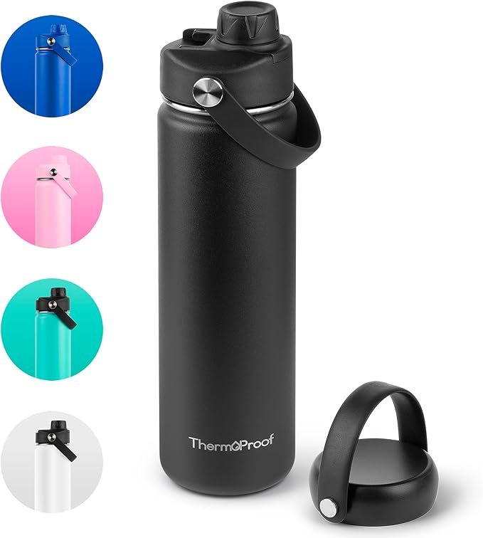 ThermoProof Double-Walled Vacuum Insulated Stainless Steel Water Bottle - Wide Mouth with Chug & Spout Lids, Dishwasher Safe, Reusable, Leakproof, Hot & Cold for Men, Women & Kids - 22oz, Black