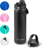 ThermoProof Double-Walled Vacuum Insulated Stainless Steel Water Bottle - Wide Mouth with Chug & Spout Lids, Dishwasher Safe, Reusable, Leakproof, Hot & Cold for Men, Women & Kids - 22oz, Black