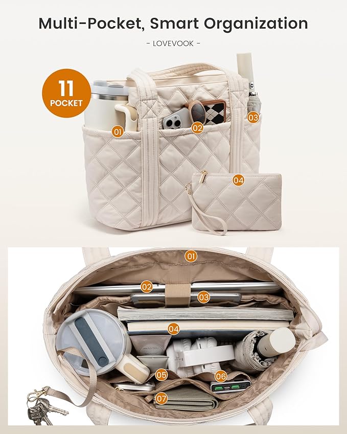 LOVEVOOK Puffer Tote Bag for Women, Puffy Work Handbag, Travel Shoulder Carry On Bag with Zipper for Teacher Nurse Gym