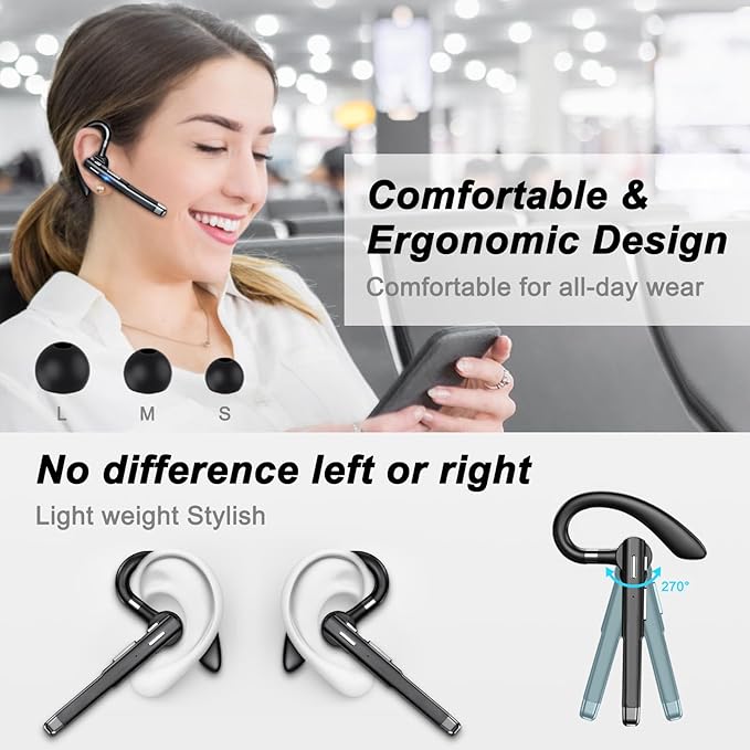 Bluetooth Headset, 100Hrs Talk Time Dual Noise Cancellation Wireless Earpiece, V5.4 Built-in Mic & Mute Button 270° Rotatable Hands Free Headphones with 500mAh Charging Case for Business/Driving