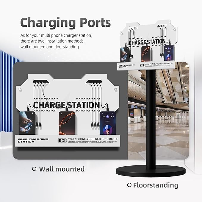 Mechanical Type Wall Mounted Charging Station with 8 PortHigh Speed Cables - Universal Dock for Apple, Type-C & Android Devices, Perfect for Airports, Hotels, Offices, School (White)