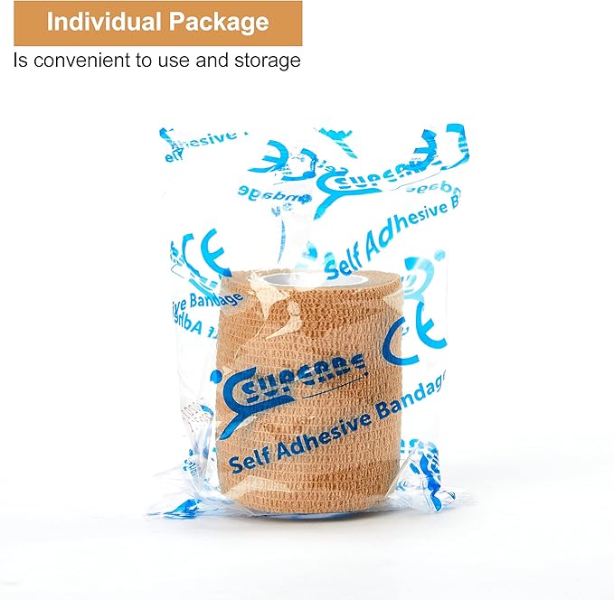 12 Bulk Pack Cohesive Tape, Self Adherent Wrap 2 Inches X 5 Yards - Self Adhesive Bandage Medical Vet Wrap for First Aid, Sports Protection and Wrist, Ankle Sprains & Swelling