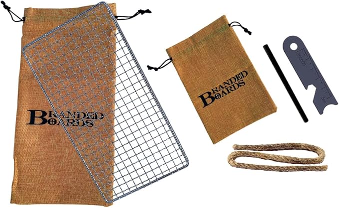 Portable Bushcraft Stainless BBQ Cooking Grill Grate, Bamboo Cutting Board, Burlap Bag, Mini Knife, Fire Starter Kits. Camping, Campfires, Backpacking, Hunting & Fishing Gear
