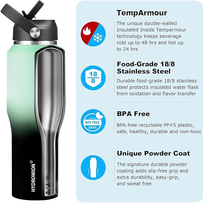 HYDROWION Water Bottle Stainless Steel,Vacuum Insulated Leak Proof Tumbler 32oz with Straw Lid, Spout Lid and Flex Cap(Cold for 48 Hrs, Hot for 24 Hrs), Fit in Any Car Cup Holder, Mint - Black