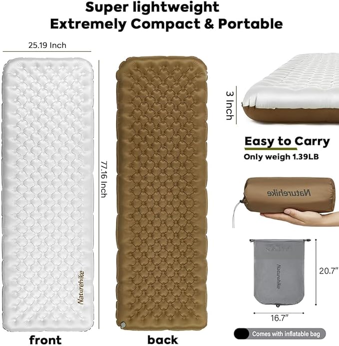 Naturehike Self-Inflating Sleeping Mats for Camping, 3'' Ultra Thick Camping Mat 5.8 R-Value Insulated Camping Mattress, 4-Season Inflatable Foam Camping Mat for Car, Hiking(R5.8 Rectangles - Plus)