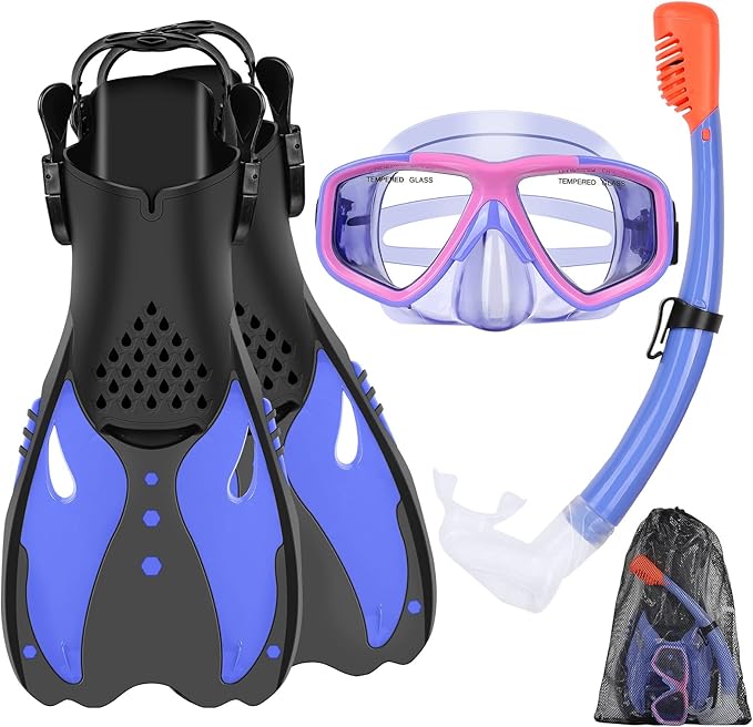 Youth Snorkel Set for Ages 7-16, Snorkeling Gear for Kids with Panoramic View Mask Anti-Fog Anti-Leak Full Dry Top Snorkel Fins Travel Bag for Swimming Diving