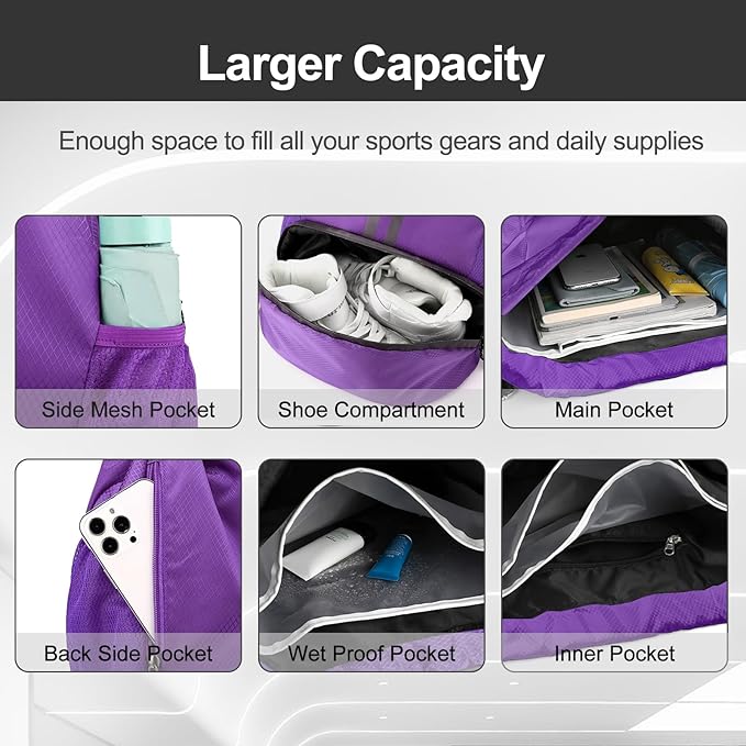 Hoedia Sports Drawstring Backpack - String Swim Gym Bag with Shoes Compartment and Wet Proof Pocket for Women/Men (Purple)
