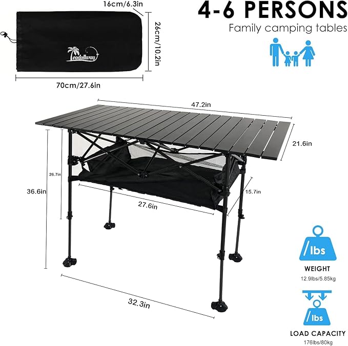 LEADALLWAY Adjustable Height Aluminum Camping Table Folding Portable Outdoor Table with Large Storage Organizer and Carrying Bags Big Foot Upgrade Collapsible Picnic Table 47(L) x22(W)