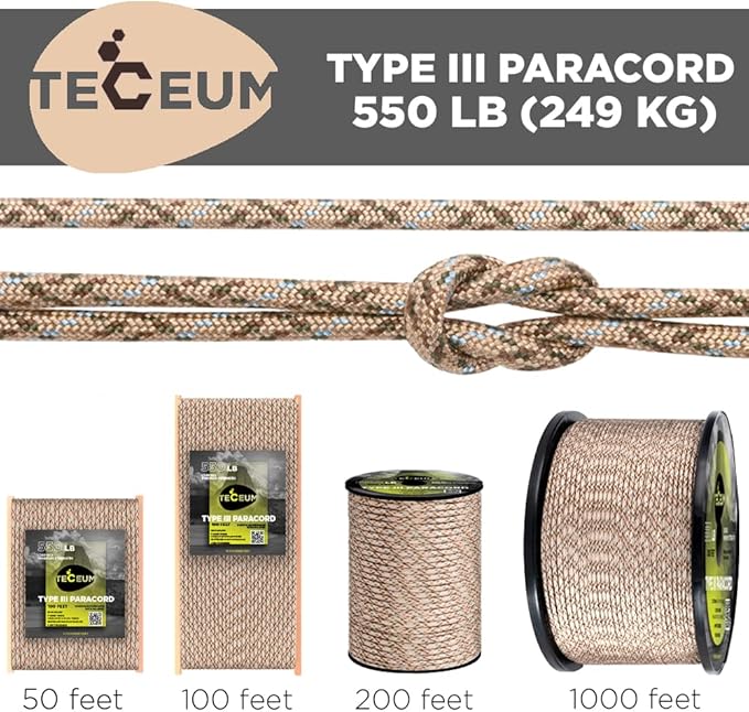 TECEUM 5/32" Paracord Rope 1000 – 1000ft / 200ft / 100ft / 50ft – Tactical Parachute Cord 4mm – 45+ Colors – Nylon String for Survival & Camping Gear – Stripe Cord for Survival – Utility Rope