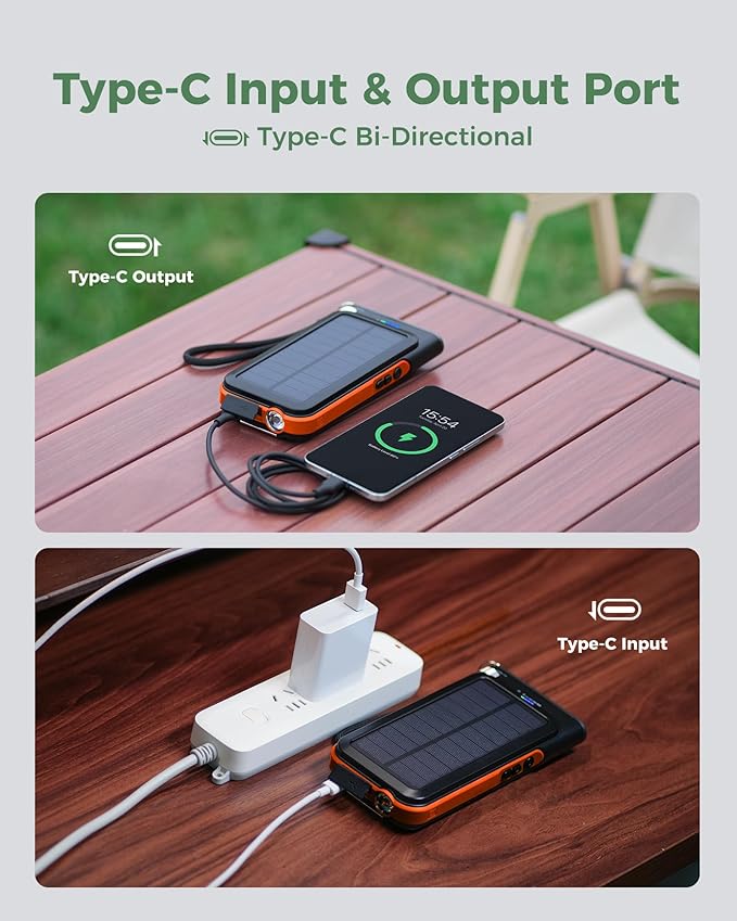 GOODaaa Solar Power Bank, 45800mAh Wireless Portable Charger Built-in Cables,15W Fast Charging Solar Charger, USB C in&Out and USB A Battery Pack for Outdoor with Emergency Radio,Flashlight