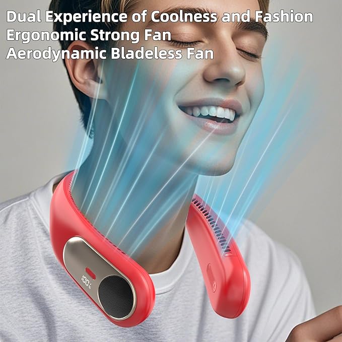 Portable Neck Fan,Personal Wearable Bladeless Fan,LED Display,4-Speeds,6000mAh USB Rechargeable,360° Strong Cooling Wind,Hands Free,Long Lasting,Birthday Gifts for Men Women Dad Mom (Red)