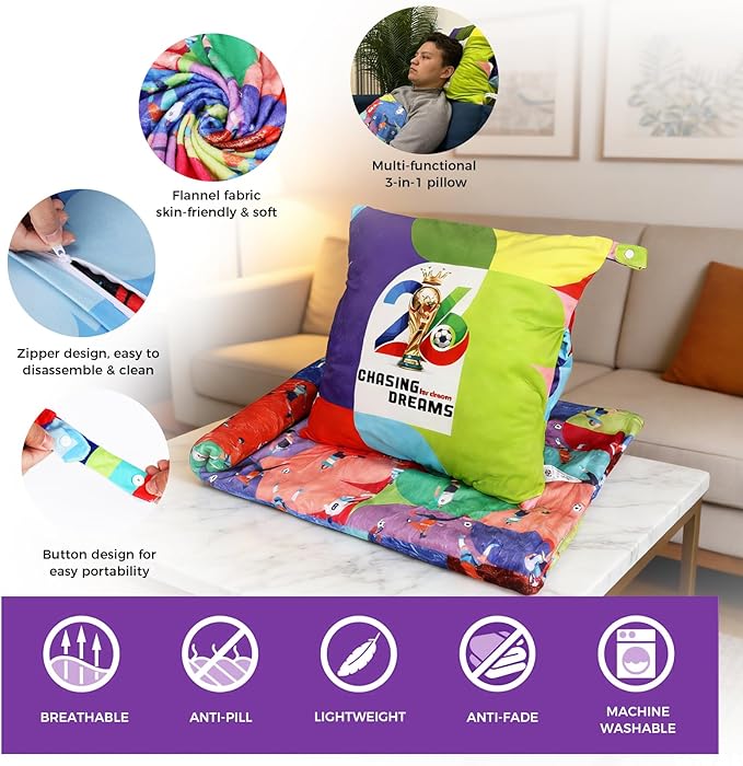 3 in 1 Travel Pillow Blanket Set with Removable Flannel Blanket Throw,Hand Warmer Pockets,Pillow (Color3, 60in*79in)