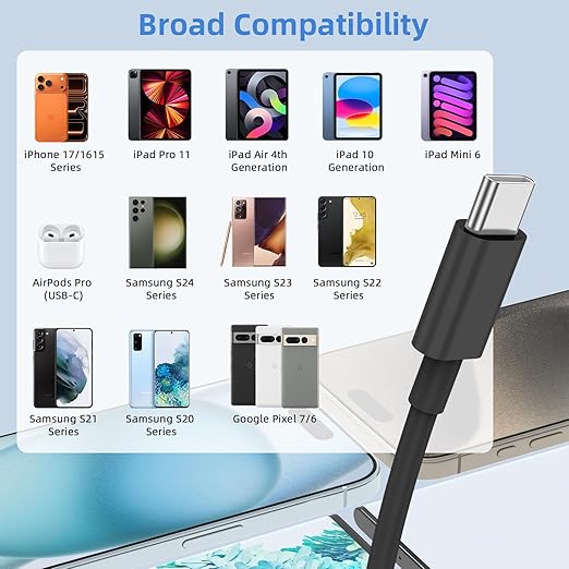 2Pack 6FT USB to USB C Cable for iPhone 17 16 15 Charger Cord, for Apple 17 16 15 Pro/Pro Max/Plus Type C Cord, for iPad Pro 12.9/11, Air 5th/4th Gen, Car Carplay Charging Cable for Android(Black)