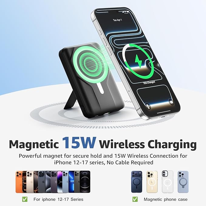 Azmuth Magnetic Wireless Power Bank 10000mAh, 15W Portable Charger Compatible with MagSafe for iPhone 17/16/15/14/13/12 Series Built-in Stand LED Display 20W PD USB-C 22.5W USB-A Black
