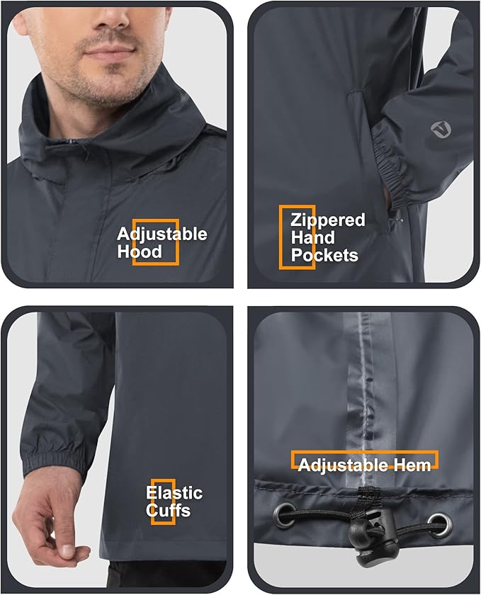 Outdoor Ventures Men's Rain Jacket Waterproof Lightweight Packable Rain Pullover for Hiking Golf Running