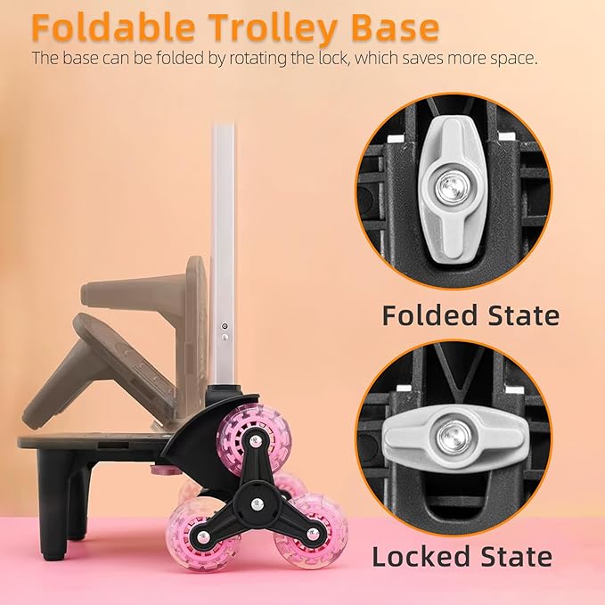 Lightweight Foldable Backpack Trolley – Pink 3-Wheel Rolling Hand Truck with Strap, Portable Folding Cart for Backpack, Travel, Commuting, and Daily Utility Use